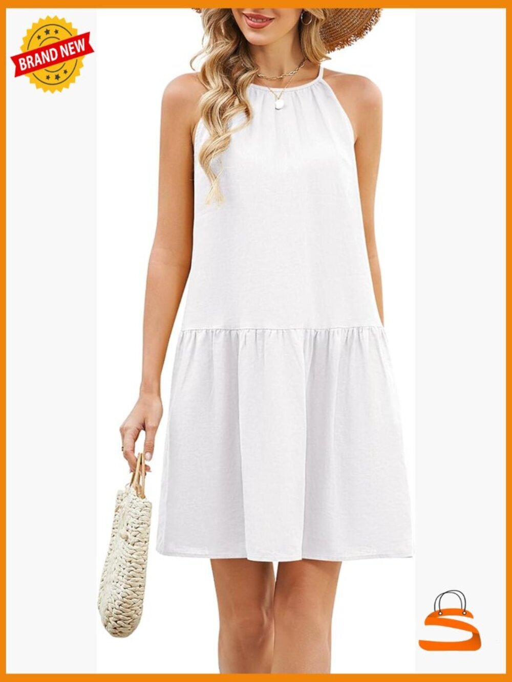 Linen Halter Neck Midi Dress, Sleeveless Ruffle Summer Casual Beach